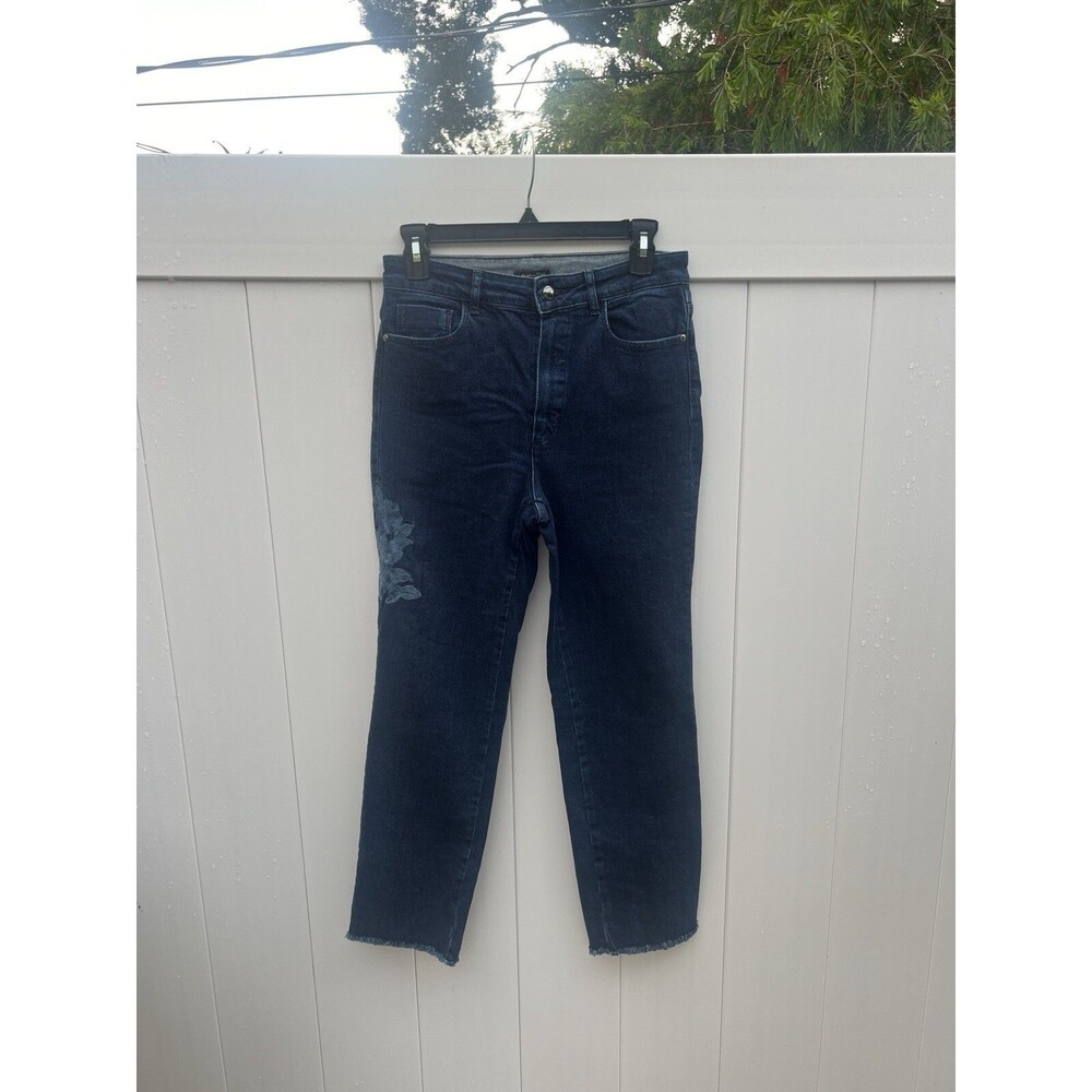 Massimo Dutti Jeans Size 4 Blue Stretch Floral Embroidered Dark Blue Very Nice
